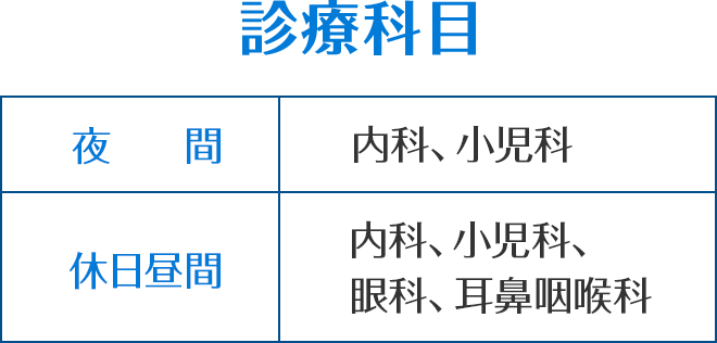 診療科目
夜間：内科、小児科
休日昼間：内科、小児科、眼科、耳鼻咽喉科